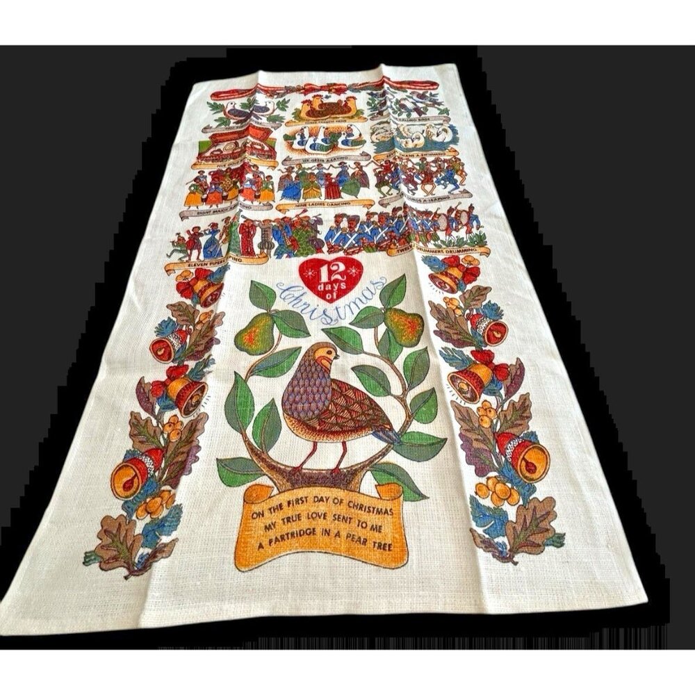 100% Pure Crisp Linen Kitchen Towel 12 Days of Christmas NEW OS 16x26 Kay Dee